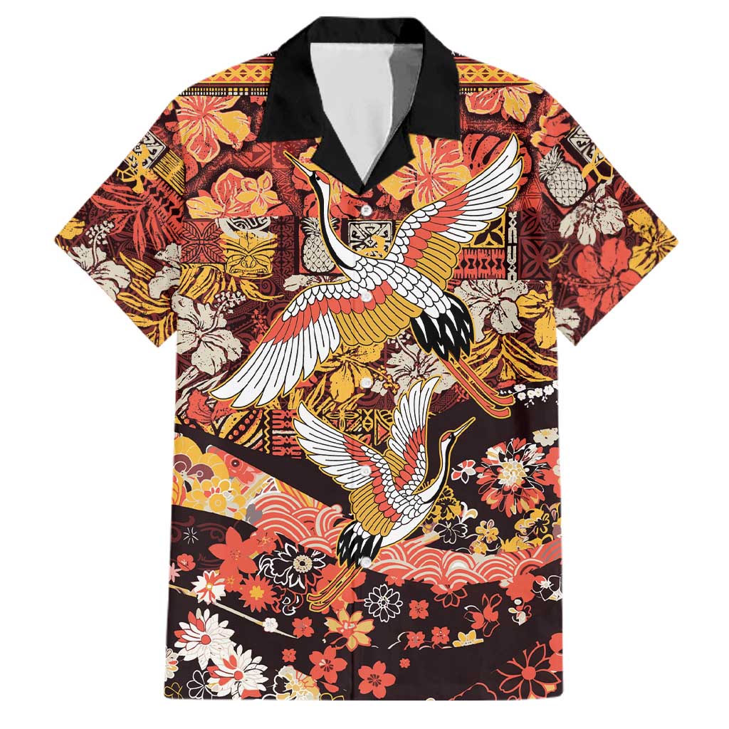 Japanese Hawaiian Crane Family Matching Long Sleeve Bodycon Dress and Hawaiian Shirt Yellow Ochre Tapa Patchwork Pattern LT9 Dad's Shirt - Short Sleeve Yellow - Polynesian Pride
