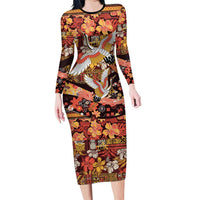 Japanese Hawaiian Crane Family Matching Long Sleeve Bodycon Dress and Hawaiian Shirt Yellow Ochre Tapa Patchwork Pattern LT9 Mom's Dress Yellow - Polynesian Pride
