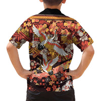 Japanese Hawaiian Crane Family Matching Off The Shoulder Long Sleeve Dress and Hawaiian Shirt Yellow Ochre Tapa Patchwork Pattern