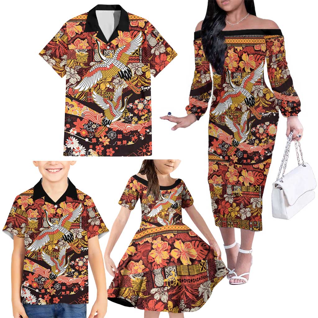Japanese Hawaiian Crane Family Matching Off The Shoulder Long Sleeve Dress and Hawaiian Shirt Yellow Ochre Tapa Patchwork Pattern