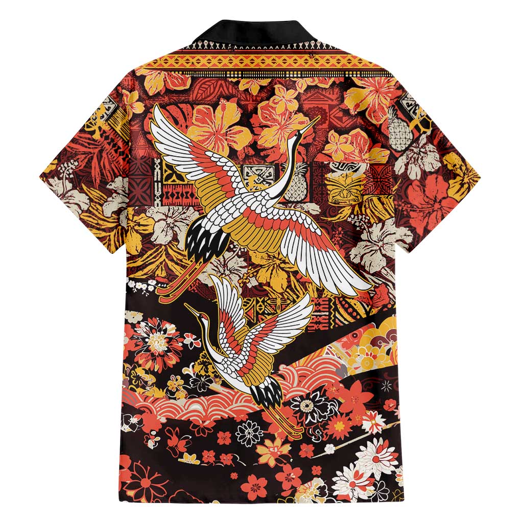Japanese Hawaiian Crane Family Matching Off The Shoulder Long Sleeve Dress and Hawaiian Shirt Yellow Ochre Tapa Patchwork Pattern