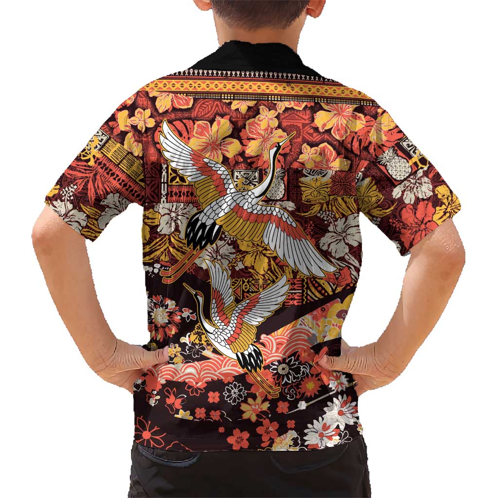 Japanese Hawaiian Crane Family Matching Off Shoulder Maxi Dress and Hawaiian Shirt Yellow Ochre Tapa Patchwork Pattern LT9 - Polynesian Pride