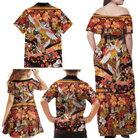 Japanese Hawaiian Crane Family Matching Off Shoulder Maxi Dress and Hawaiian Shirt Yellow Ochre Tapa Patchwork Pattern LT9 - Polynesian Pride