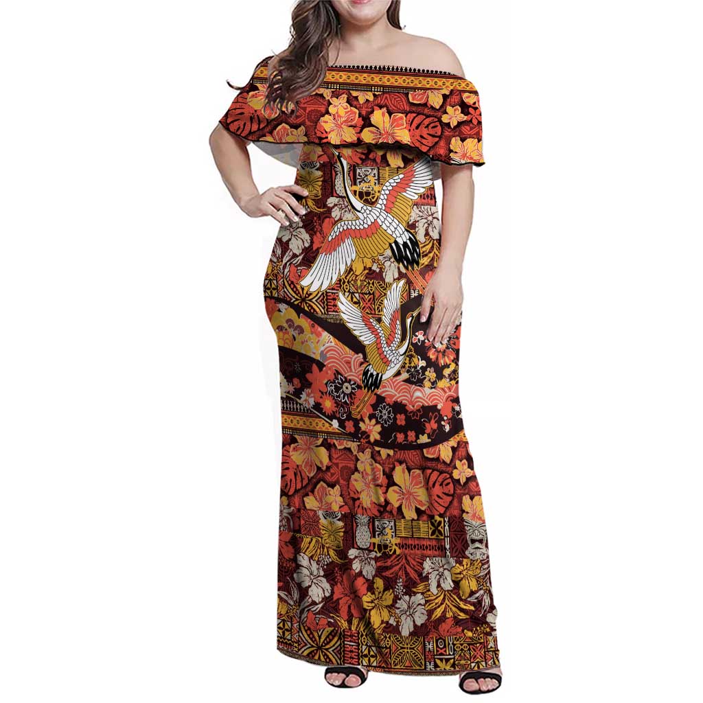 Japanese Hawaiian Crane Family Matching Off Shoulder Maxi Dress and Hawaiian Shirt Yellow Ochre Tapa Patchwork Pattern LT9 Mom's Dress Yellow - Polynesian Pride