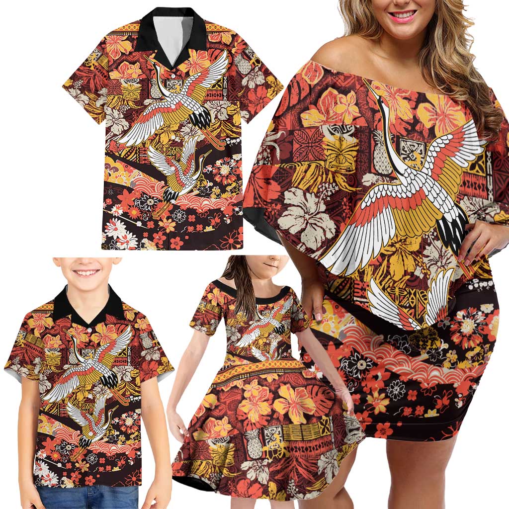 Japanese Hawaiian Crane Family Matching Off Shoulder Short Dress and Hawaiian Shirt Yellow Ochre Tapa Patchwork Pattern