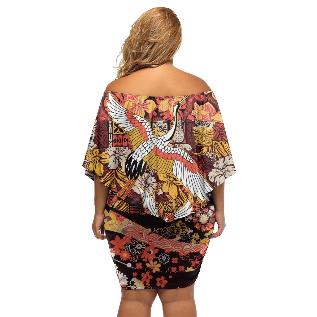 Japanese Hawaiian Crane Family Matching Off Shoulder Short Dress and Hawaiian Shirt Yellow Ochre Tapa Patchwork Pattern
