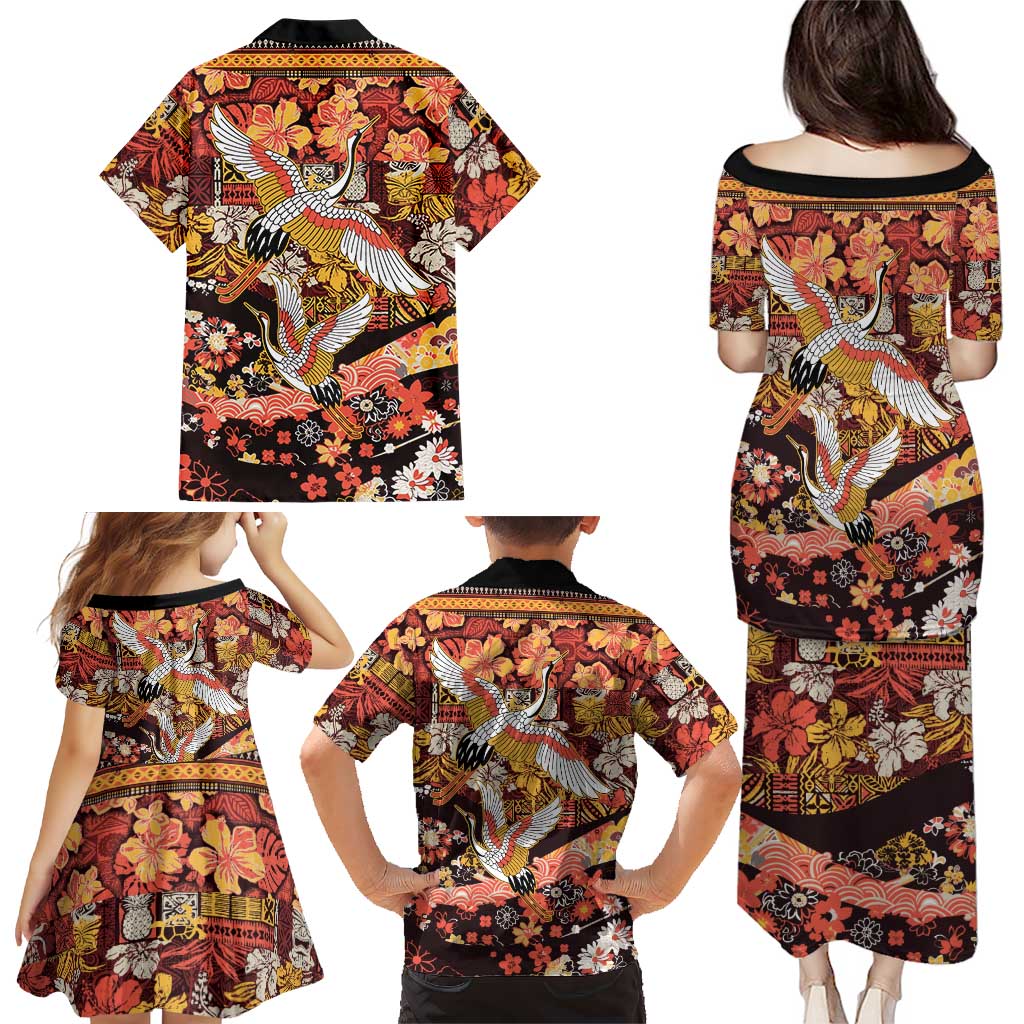 Japanese Hawaiian Crane Family Matching Puletasi and Hawaiian Shirt Yellow Ochre Tapa Patchwork Pattern LT9 - Polynesian Pride