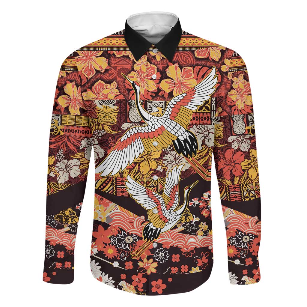Japanese Hawaiian Crane Family Matching Puletasi and Hawaiian Shirt Yellow Ochre Tapa Patchwork Pattern LT9 Dad's Shirt - Long Sleeve Yellow - Polynesian Pride