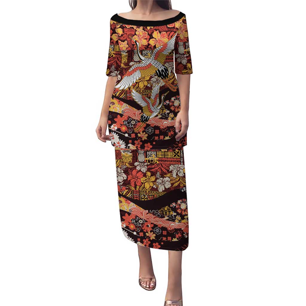 Japanese Hawaiian Crane Family Matching Puletasi and Hawaiian Shirt Yellow Ochre Tapa Patchwork Pattern LT9 Mom's Dress Yellow - Polynesian Pride