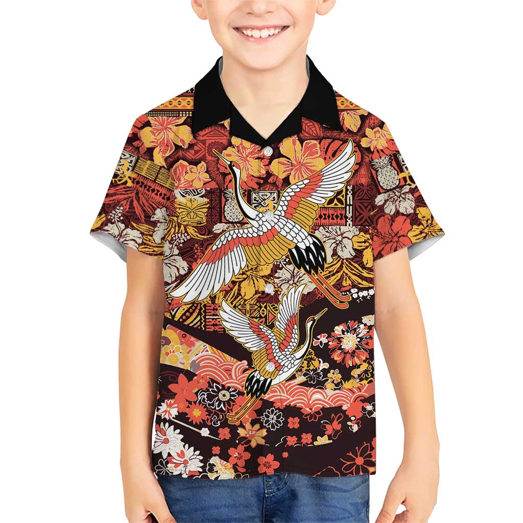 Japanese Hawaiian Crane Family Matching Puletasi and Hawaiian Shirt Yellow Ochre Tapa Patchwork Pattern LT9 Son's Shirt Yellow - Polynesian Pride