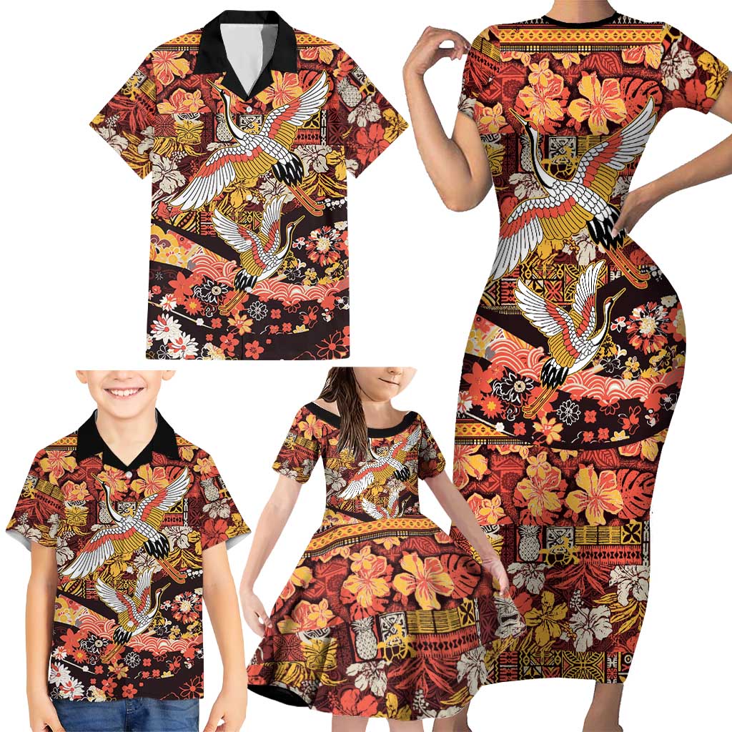 Japanese Hawaiian Crane Family Matching Short Sleeve Bodycon Dress and Hawaiian Shirt Yellow Ochre Tapa Patchwork Pattern LT9 - Polynesian Pride