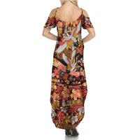 Japanese Hawaiian Crane Family Matching Summer Maxi Dress and Hawaiian Shirt Yellow Ochre Tapa Patchwork Pattern LT9 - Polynesian Pride
