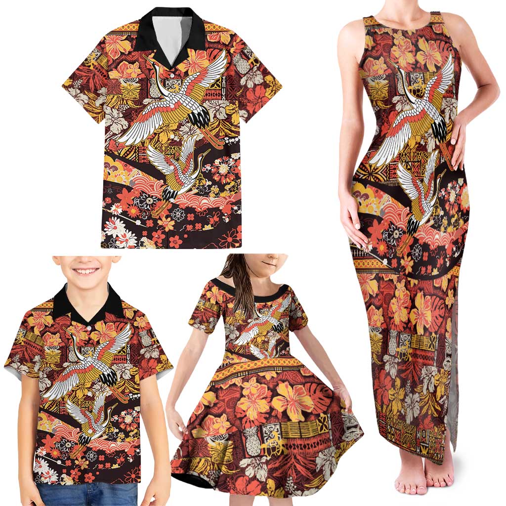 Japanese Hawaiian Crane Family Matching Tank Maxi Dress and Hawaiian Shirt Yellow Ochre Tapa Patchwork Pattern LT9 - Polynesian Pride