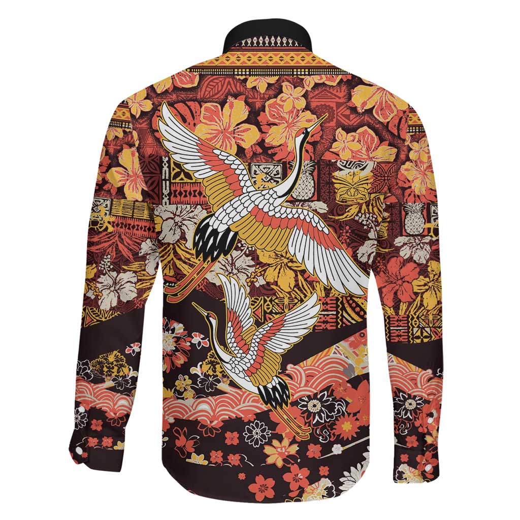 Japanese Hawaiian Crane Family Matching Tank Maxi Dress and Hawaiian Shirt Yellow Ochre Tapa Patchwork Pattern LT9 - Polynesian Pride