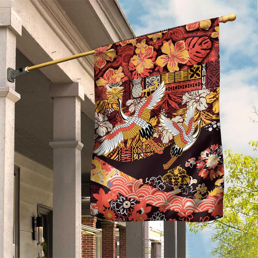 Japanese Hawaiian Crane Garden Flag Yellow Ochre Tapa Patchwork Pattern