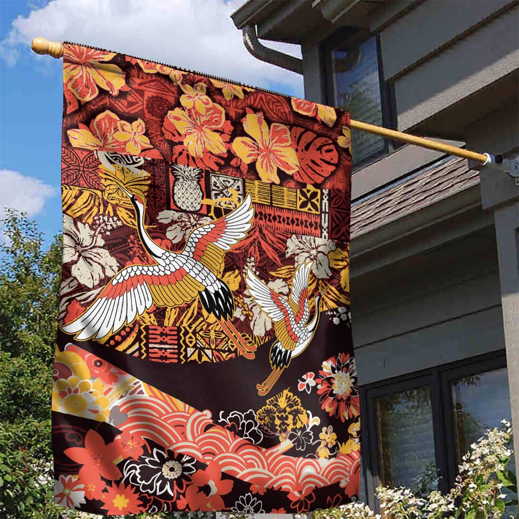 Japanese Hawaiian Crane Garden Flag Yellow Ochre Tapa Patchwork Pattern