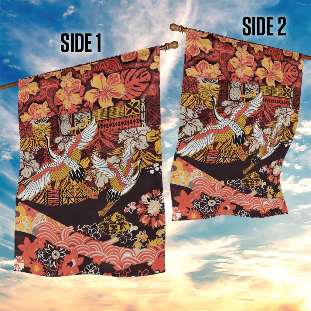 Japanese Hawaiian Crane Garden Flag Yellow Ochre Tapa Patchwork Pattern