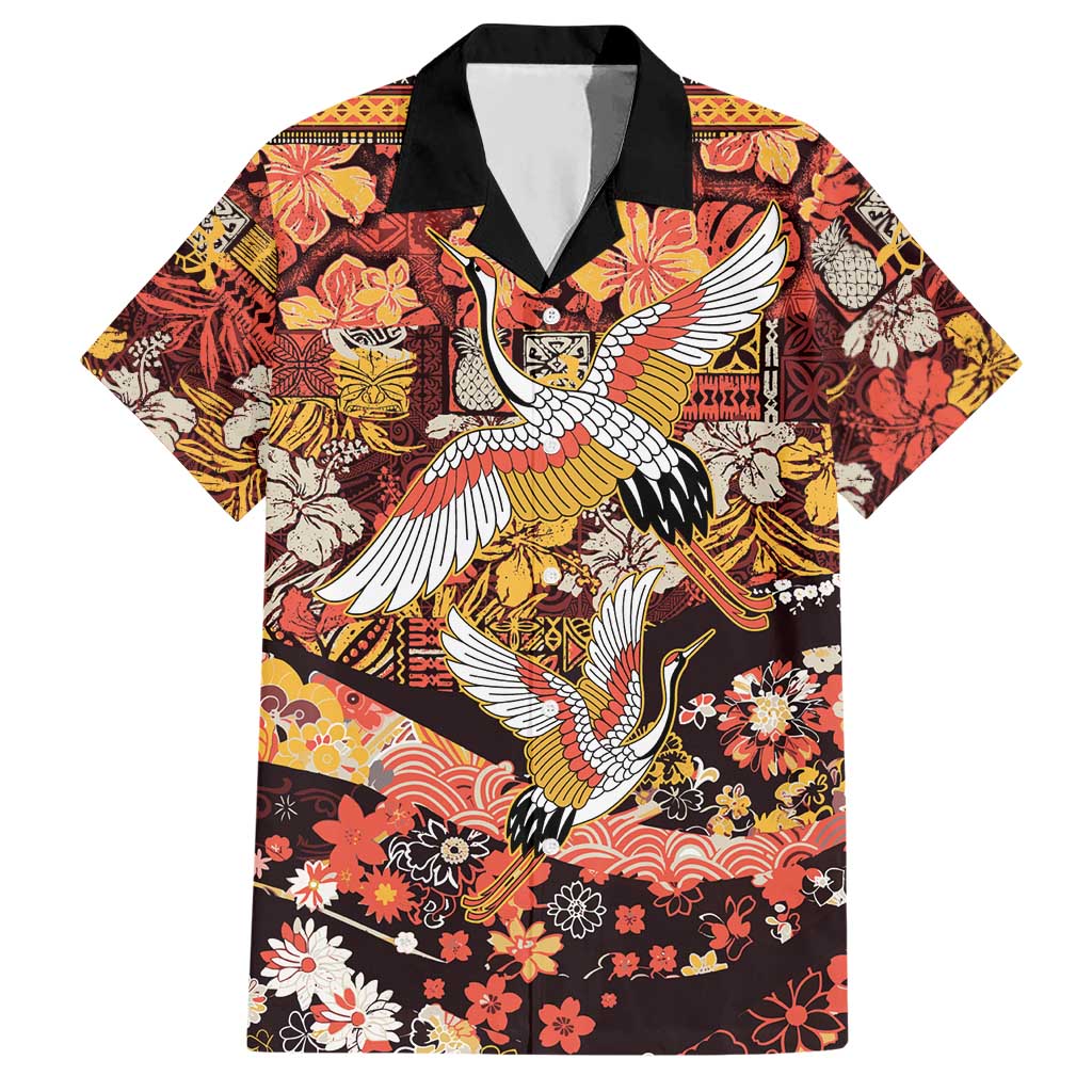 Japanese Hawaiian Crane Hawaiian Shirt Yellow Ochre Tapa Patchwork Pattern LT9 Yellow - Polynesian Pride