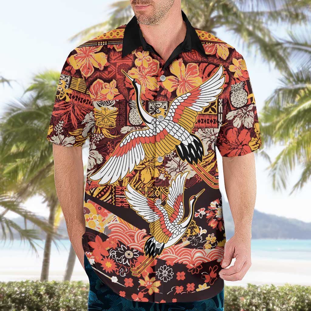Japanese Hawaiian Crane Hawaiian Shirt Yellow Ochre Tapa Patchwork Pattern LT9 - Polynesian Pride