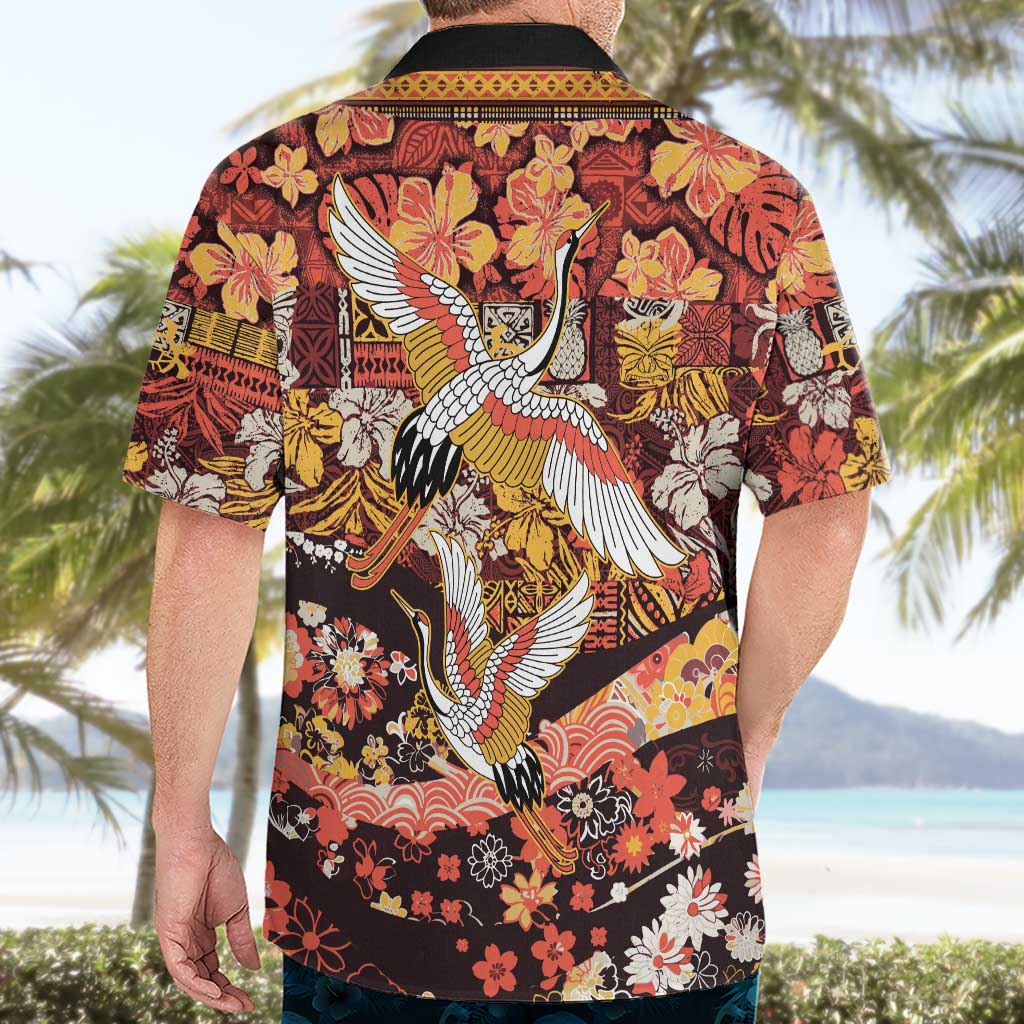 Japanese Hawaiian Crane Hawaiian Shirt Yellow Ochre Tapa Patchwork Pattern LT9 - Polynesian Pride