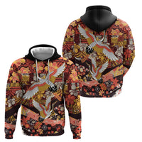 Japanese Hawaiian Crane Hoodie Yellow Ochre Tapa Patchwork Pattern