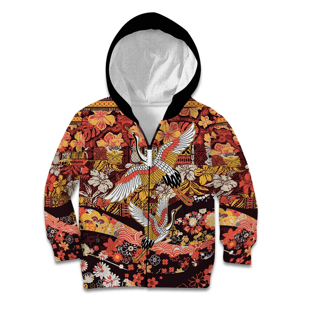 Japanese Hawaiian Crane Kid Hoodie Yellow Ochre Tapa Patchwork Pattern