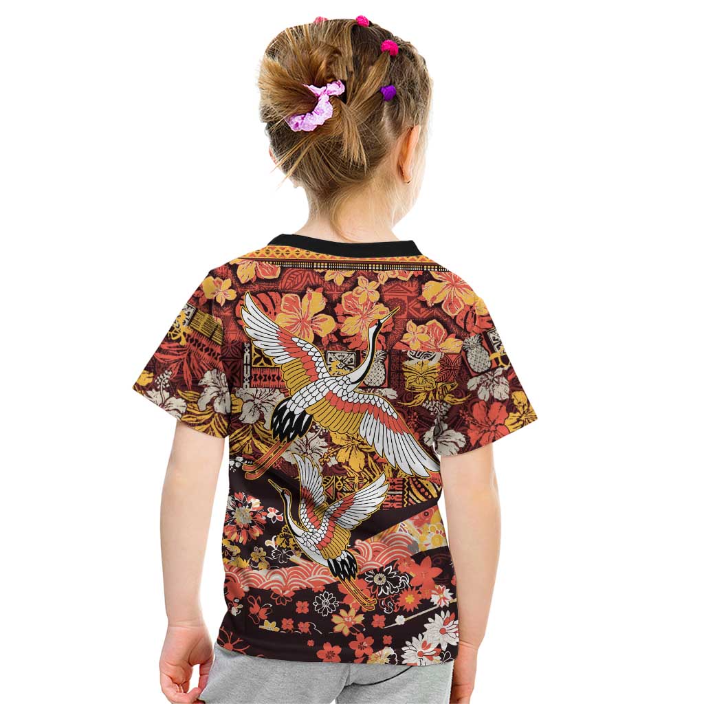 Japanese Hawaiian Crane Kid T Shirt Yellow Ochre Tapa Patchwork Pattern LT9 - Polynesian Pride