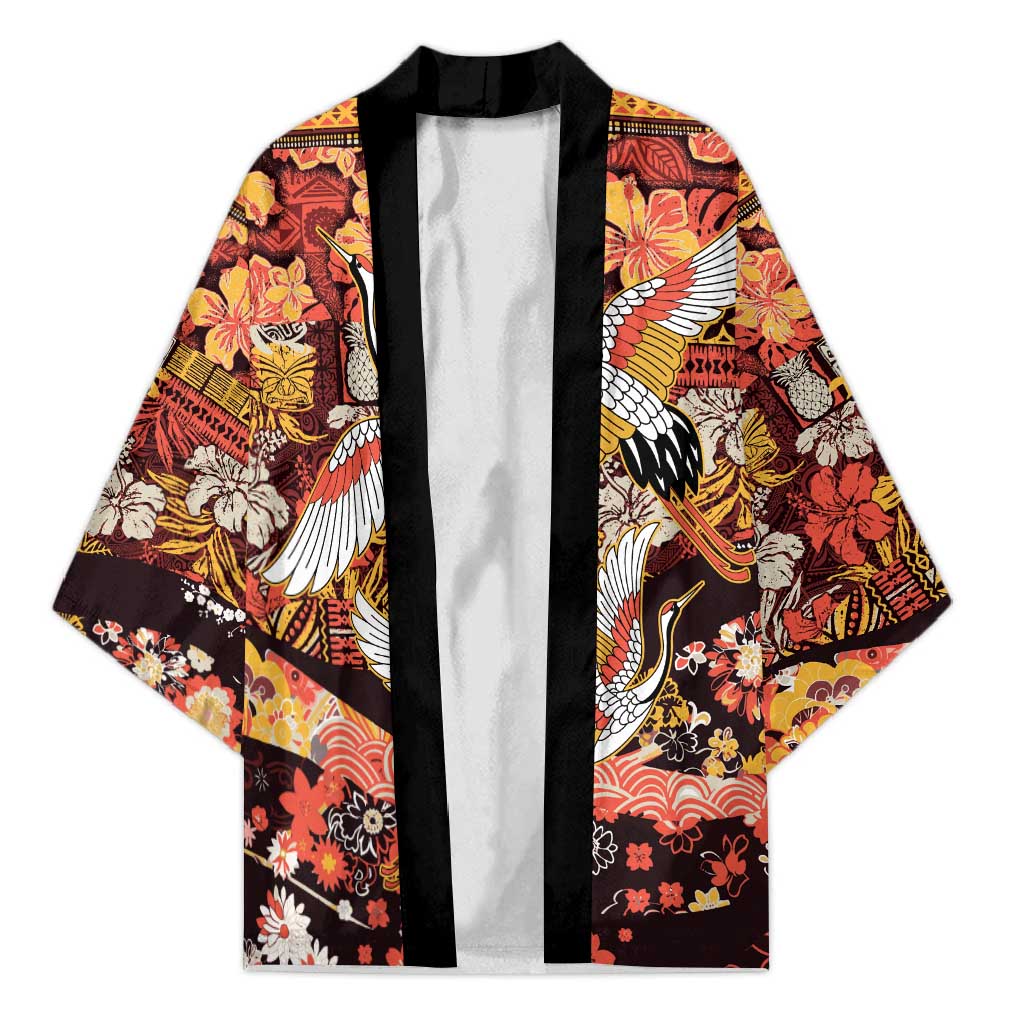 Japanese Hawaiian Crane Kimono Yellow Ochre Tapa Patchwork Pattern LT9 Unisex Yellow - Polynesian Pride