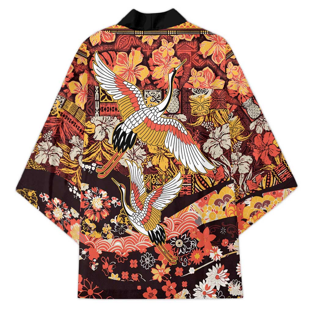 Japanese Hawaiian Crane Kimono Yellow Ochre Tapa Patchwork Pattern LT9 - Polynesian Pride
