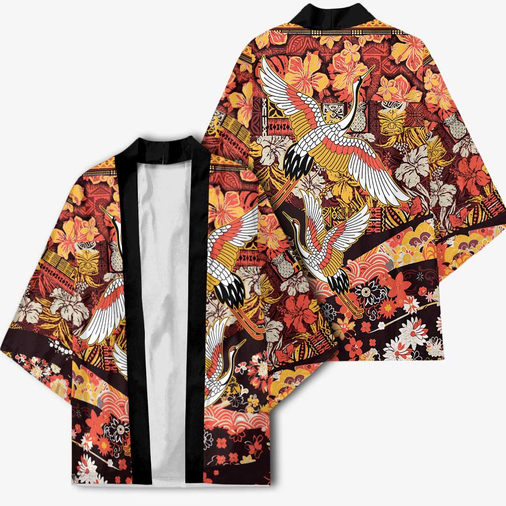 Japanese Hawaiian Crane Kimono Yellow Ochre Tapa Patchwork Pattern LT9 - Polynesian Pride