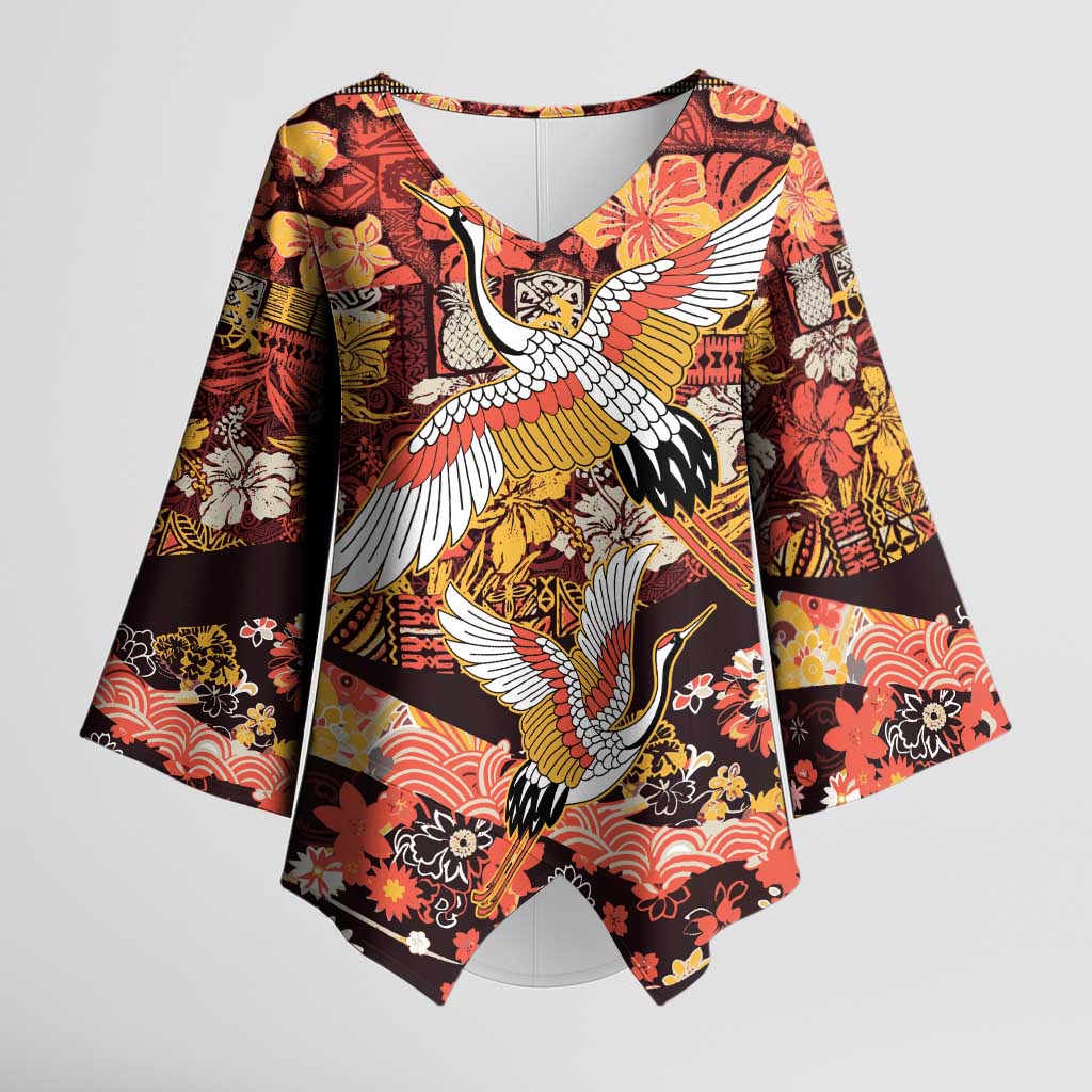 Japanese Hawaiian Crane Kimono Sleeve Blouse Yellow Ochre Tapa Patchwork Pattern LT9 Female Yellow - Polynesian Pride