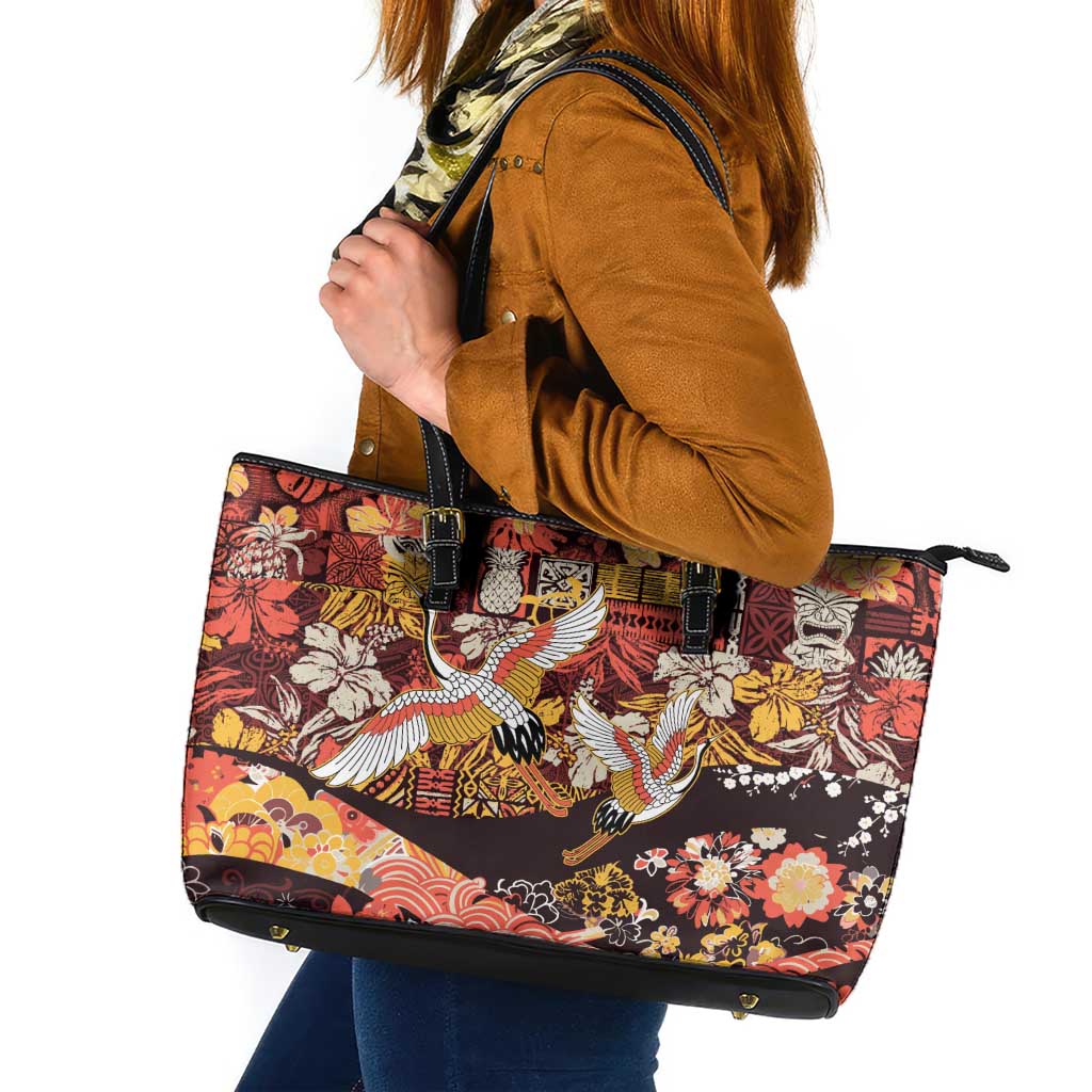 Japanese Hawaiian Crane Leather Tote Bag Yellow Ochre Tapa Patchwork Pattern LT9 Yellow - Polynesian Pride
