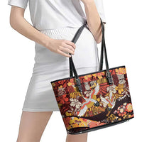 Japanese Hawaiian Crane Leather Tote Bag Yellow Ochre Tapa Patchwork Pattern LT9 - Polynesian Pride