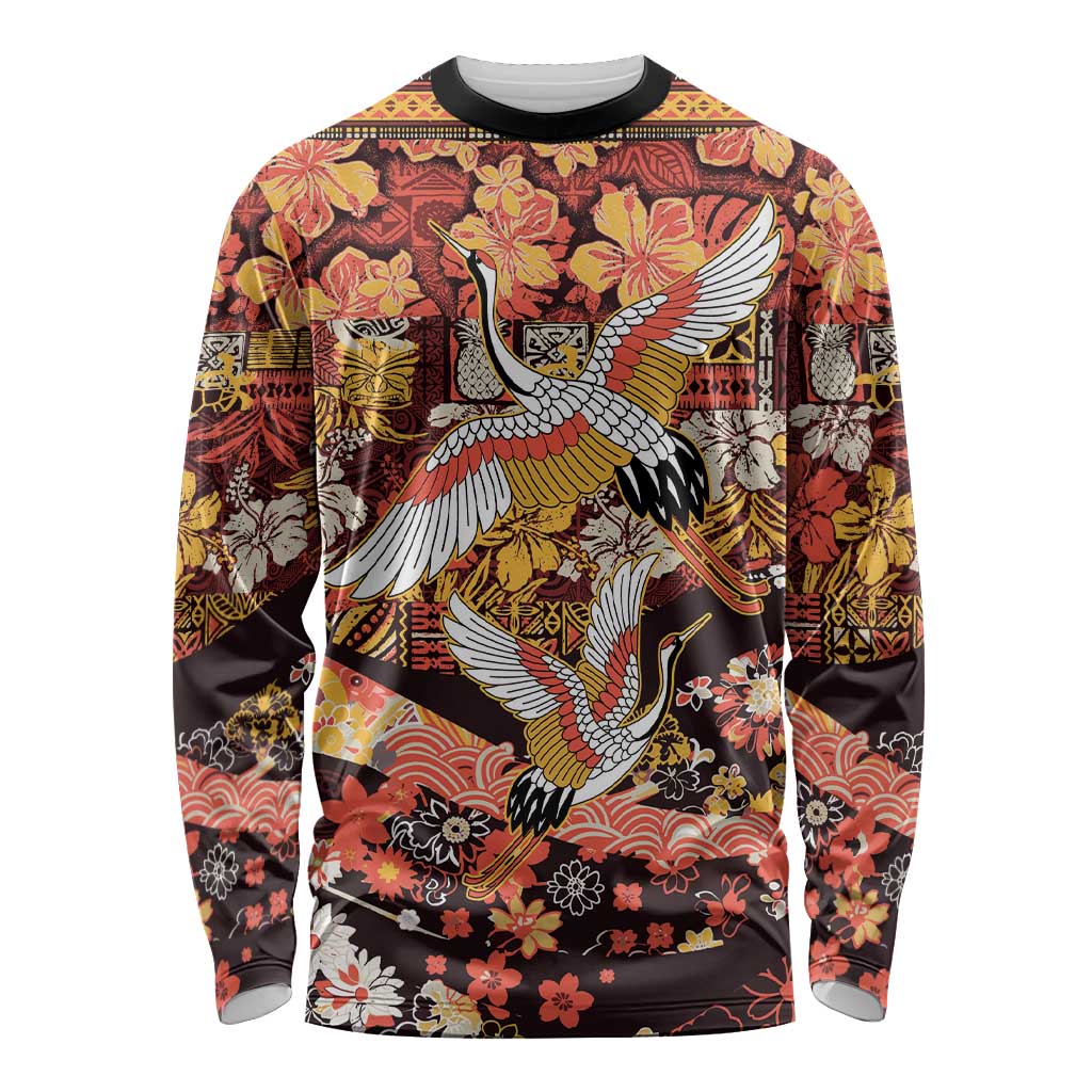 Japanese Hawaiian Crane Long Sleeve Shirt Yellow Ochre Tapa Patchwork Pattern