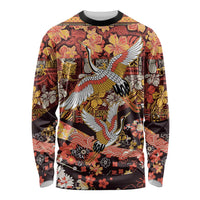 Japanese Hawaiian Crane Long Sleeve Shirt Yellow Ochre Tapa Patchwork Pattern