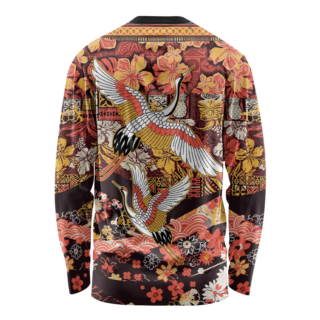 Japanese Hawaiian Crane Long Sleeve Shirt Yellow Ochre Tapa Patchwork Pattern