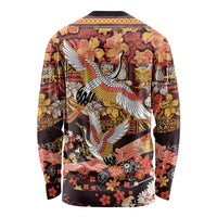 Japanese Hawaiian Crane Long Sleeve Shirt Yellow Ochre Tapa Patchwork Pattern
