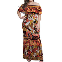 Japanese Hawaiian Crane Off Shoulder Maxi Dress Yellow Ochre Tapa Patchwork Pattern