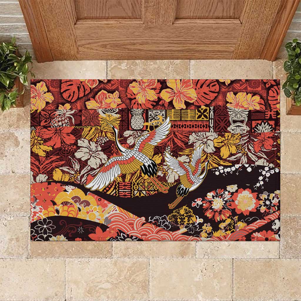 Japanese Hawaiian Crane Rubber Doormat Yellow Ochre Tapa Patchwork Pattern LT9 Yellow - Polynesian Pride