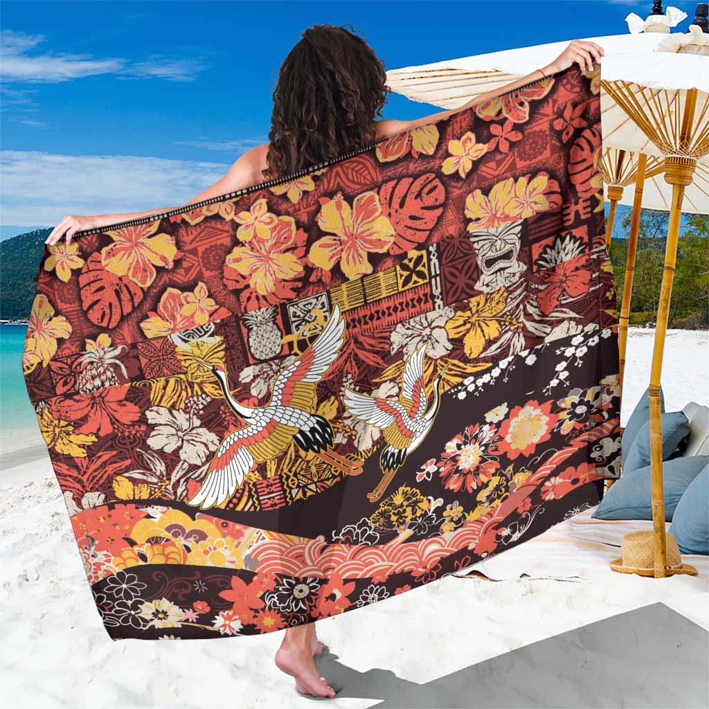 Japanese Hawaiian Crane Sarong Yellow Ochre Tapa Patchwork Pattern