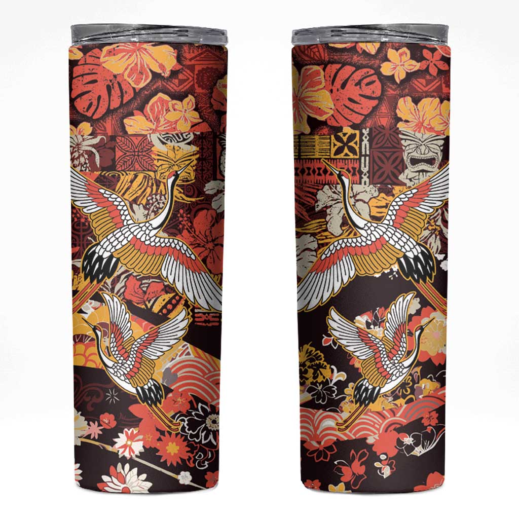 Japanese Hawaiian Crane Skinny Tumbler Yellow Ochre Tapa Patchwork Pattern