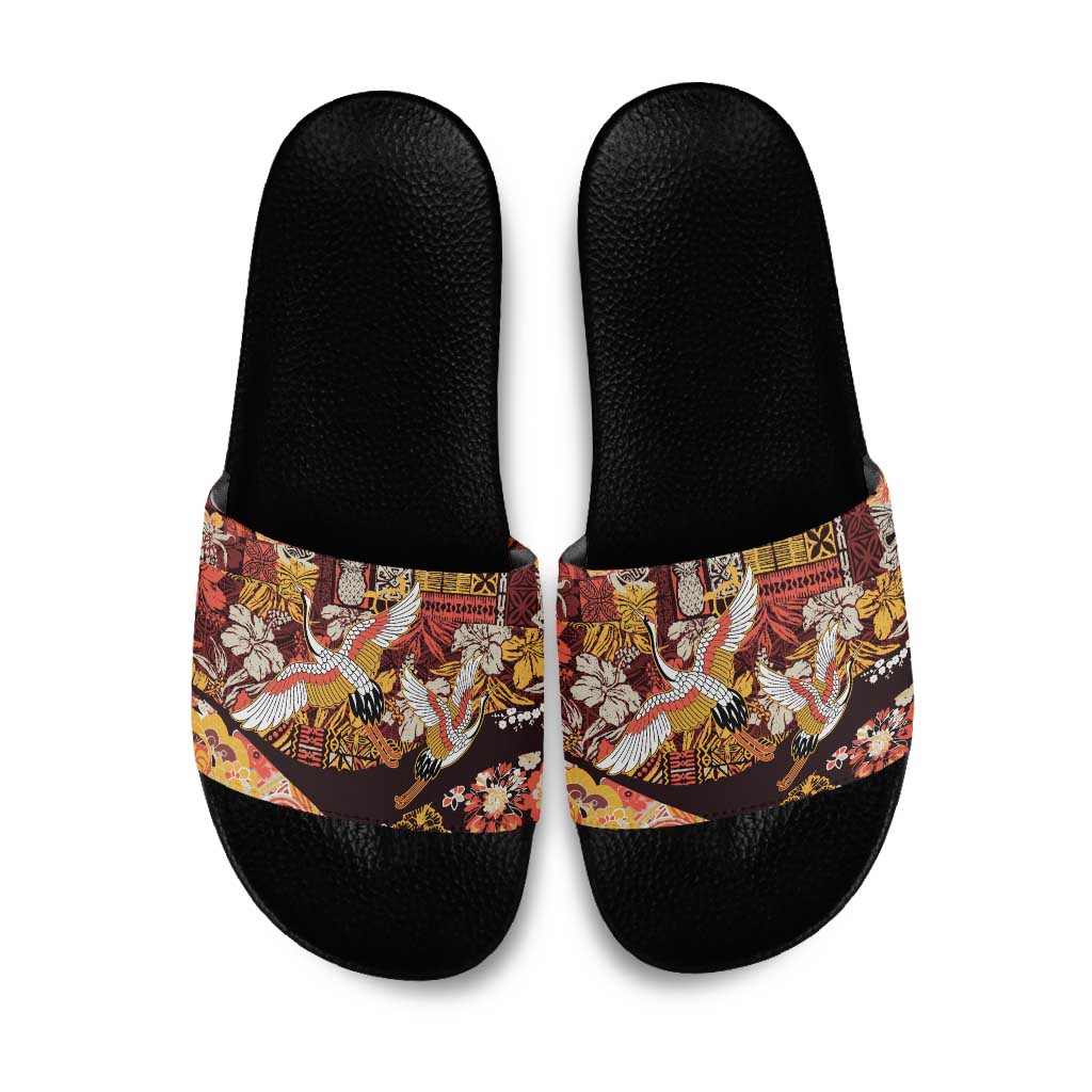Japanese Hawaiian Crane Slide Sandals Yellow Ochre Tapa Patchwork Pattern