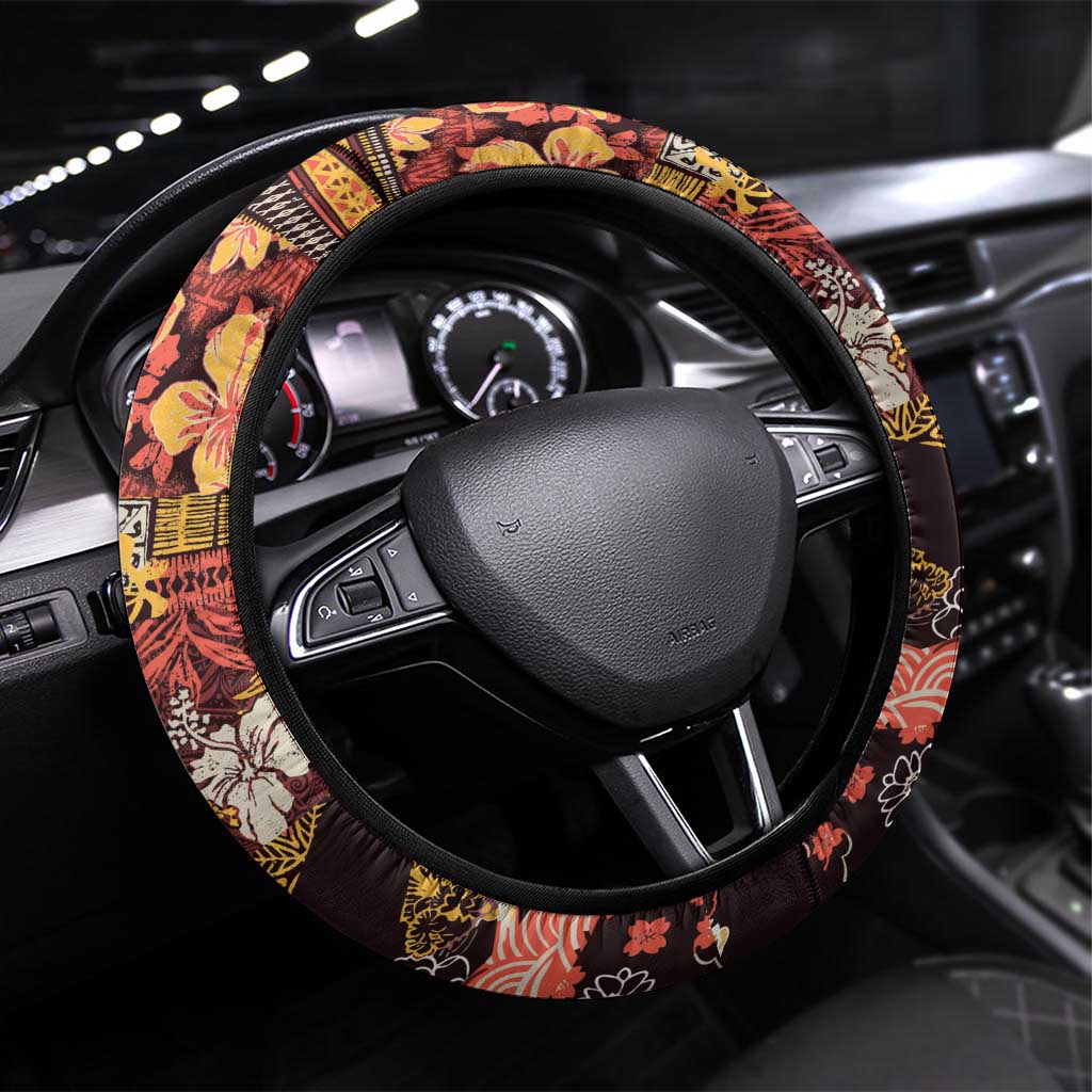 Japanese Hawaiian Crane Steering Wheel Cover Yellow Ochre Tapa Patchwork Pattern