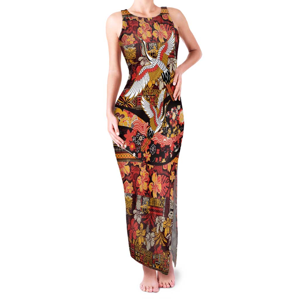 Japanese Hawaiian Crane Tank Maxi Dress Yellow Ochre Tapa Patchwork Pattern LT9 Women Yellow - Polynesian Pride