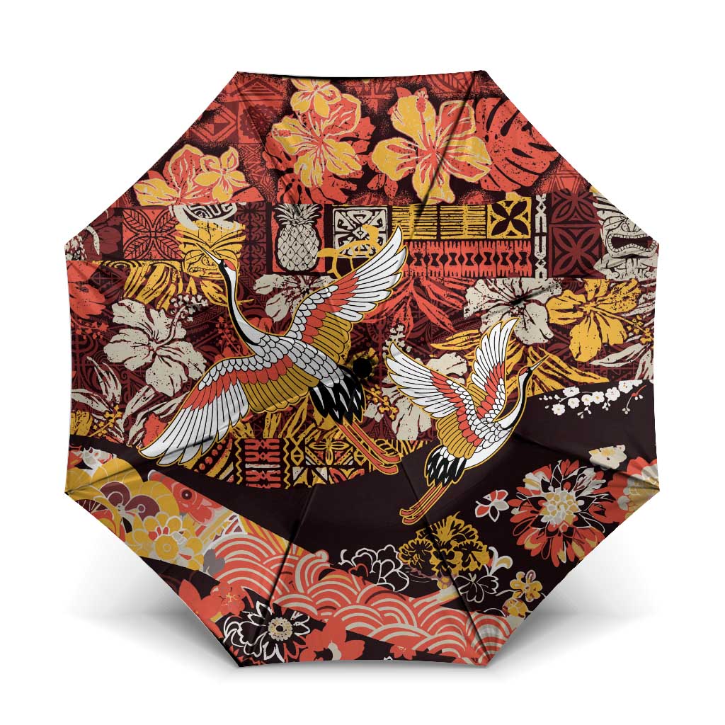 Japanese Hawaiian Crane Umbrella Yellow Ochre Tapa Patchwork Pattern LT9 One Size Folded 11.42 inch Opened Diameter 37.4 inch Yellow - Polynesian Pride