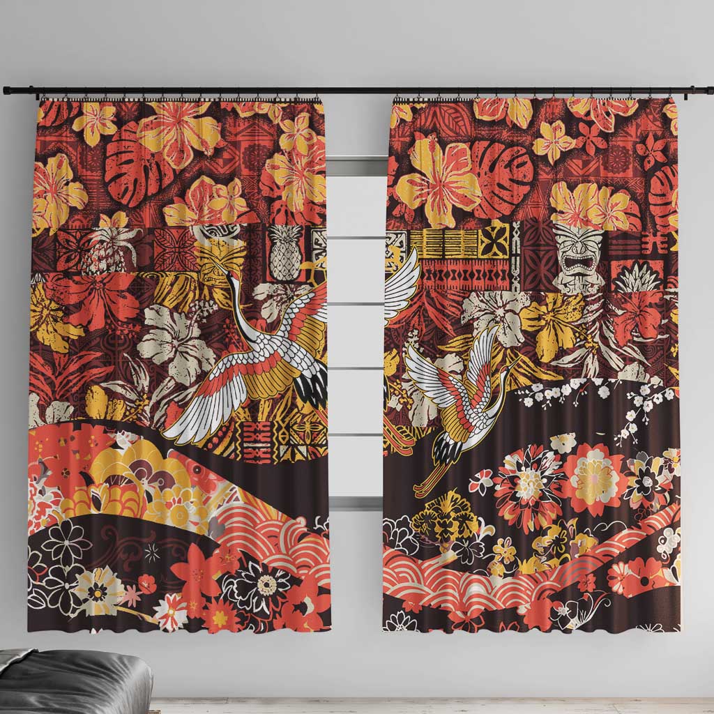Japanese Hawaiian Crane Window Curtain Yellow Ochre Tapa Patchwork Pattern