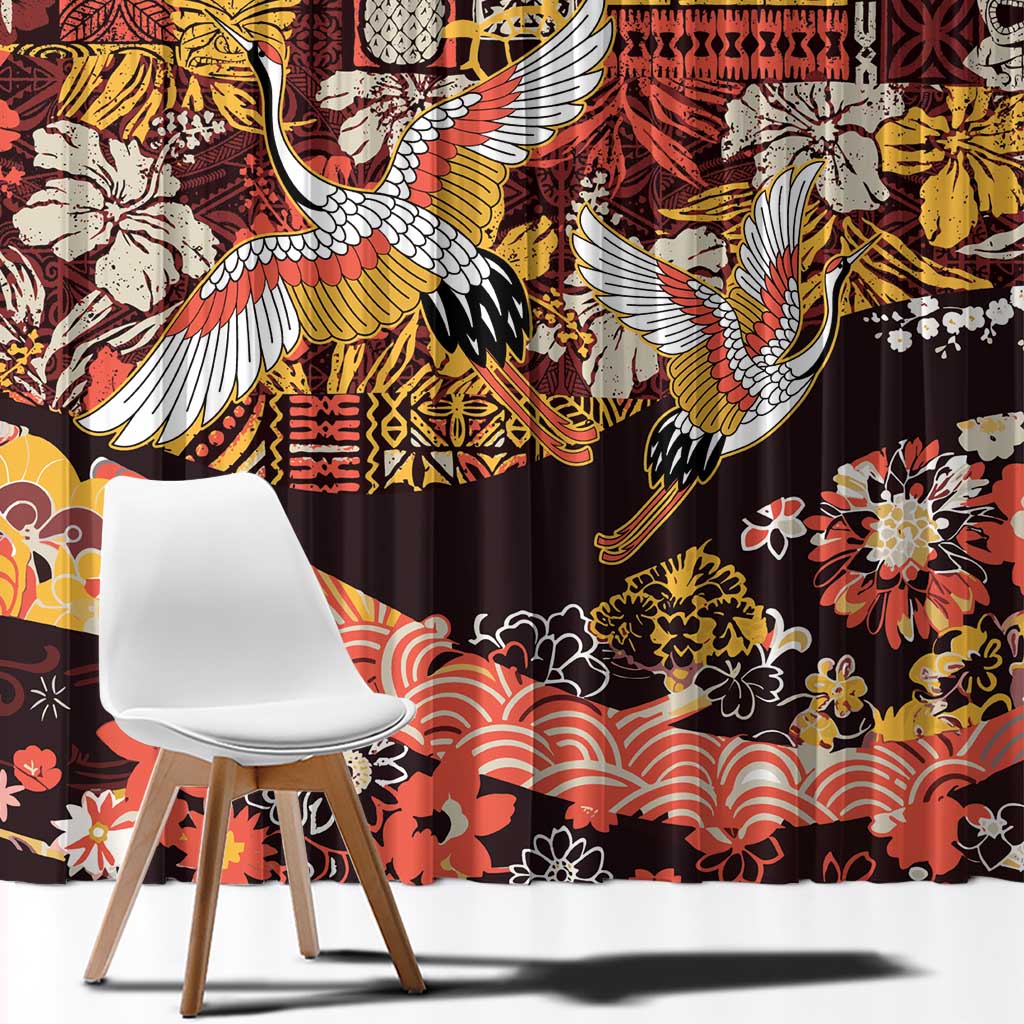 Japanese Hawaiian Crane Window Curtain Yellow Ochre Tapa Patchwork Pattern LT9 - Polynesian Pride