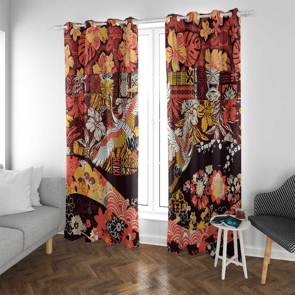 Japanese Hawaiian Crane Window Curtain Yellow Ochre Tapa Patchwork Pattern LT9 With Grommets Yellow - Polynesian Pride
