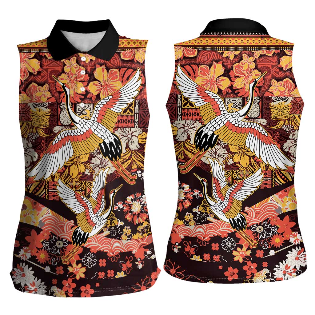 Japanese Hawaiian Crane Women Sleeveless Polo Shirt Yellow Ochre Tapa Patchwork Pattern