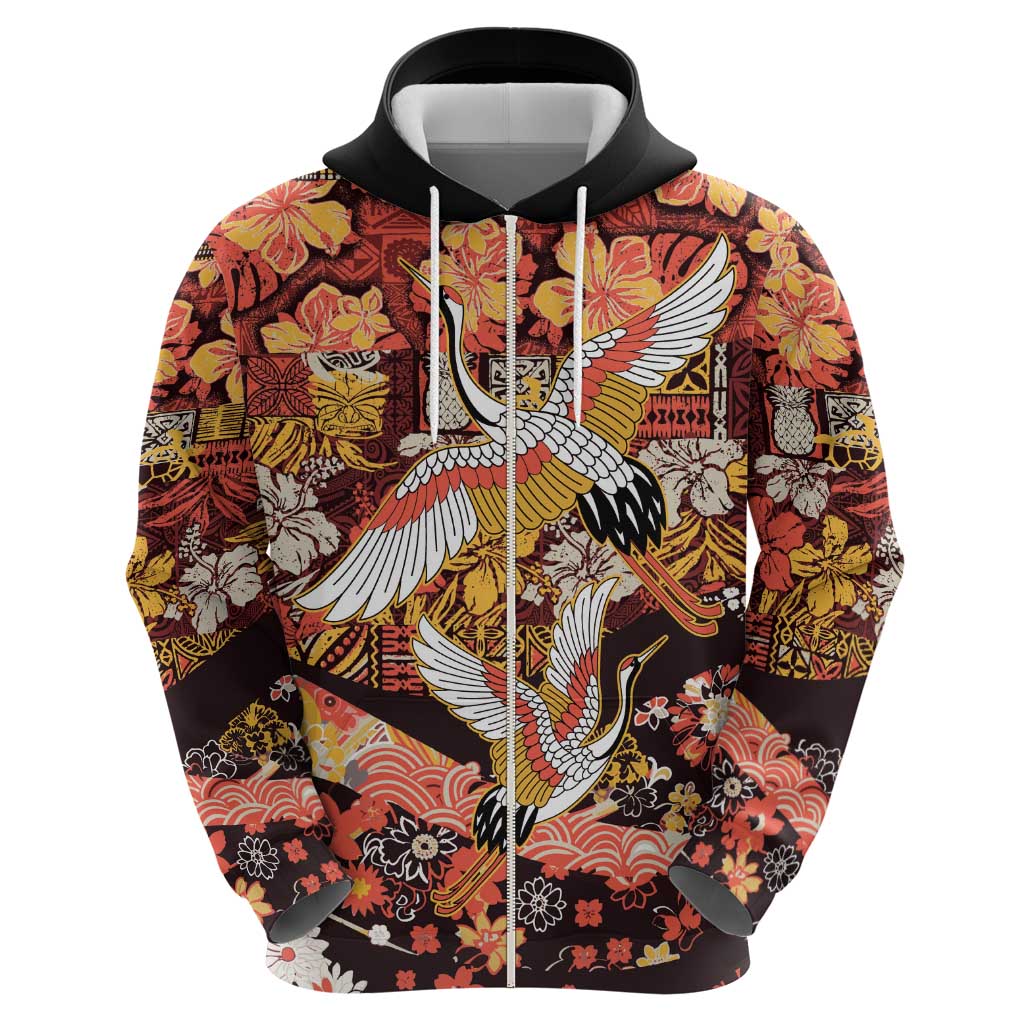 Japanese Hawaiian Crane Zip Hoodie Yellow Ochre Tapa Patchwork Pattern